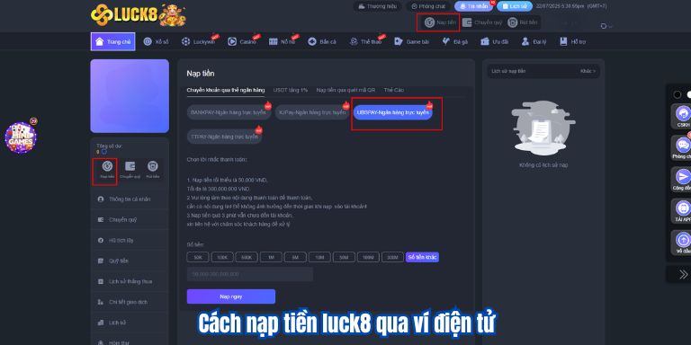 NẠP TIỀN LUCK8 2 Cách nạp tiền luck8 qua ví điện tử