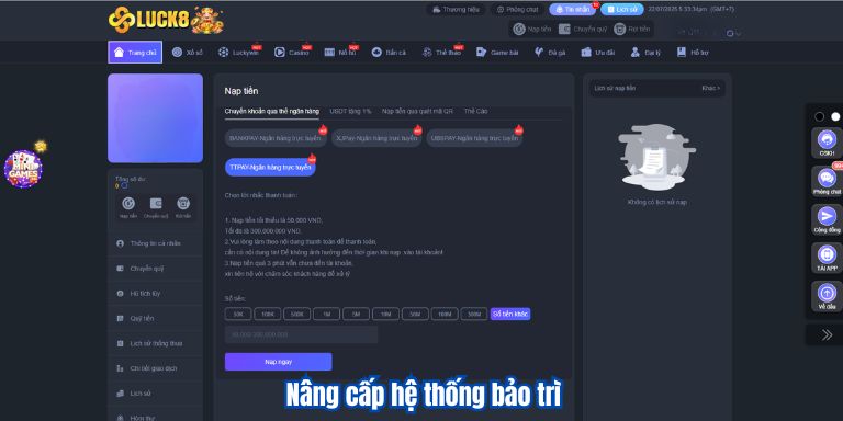 NẠP TIỀN LUCK8 3 Nâng cấp hệ thống bảo trì